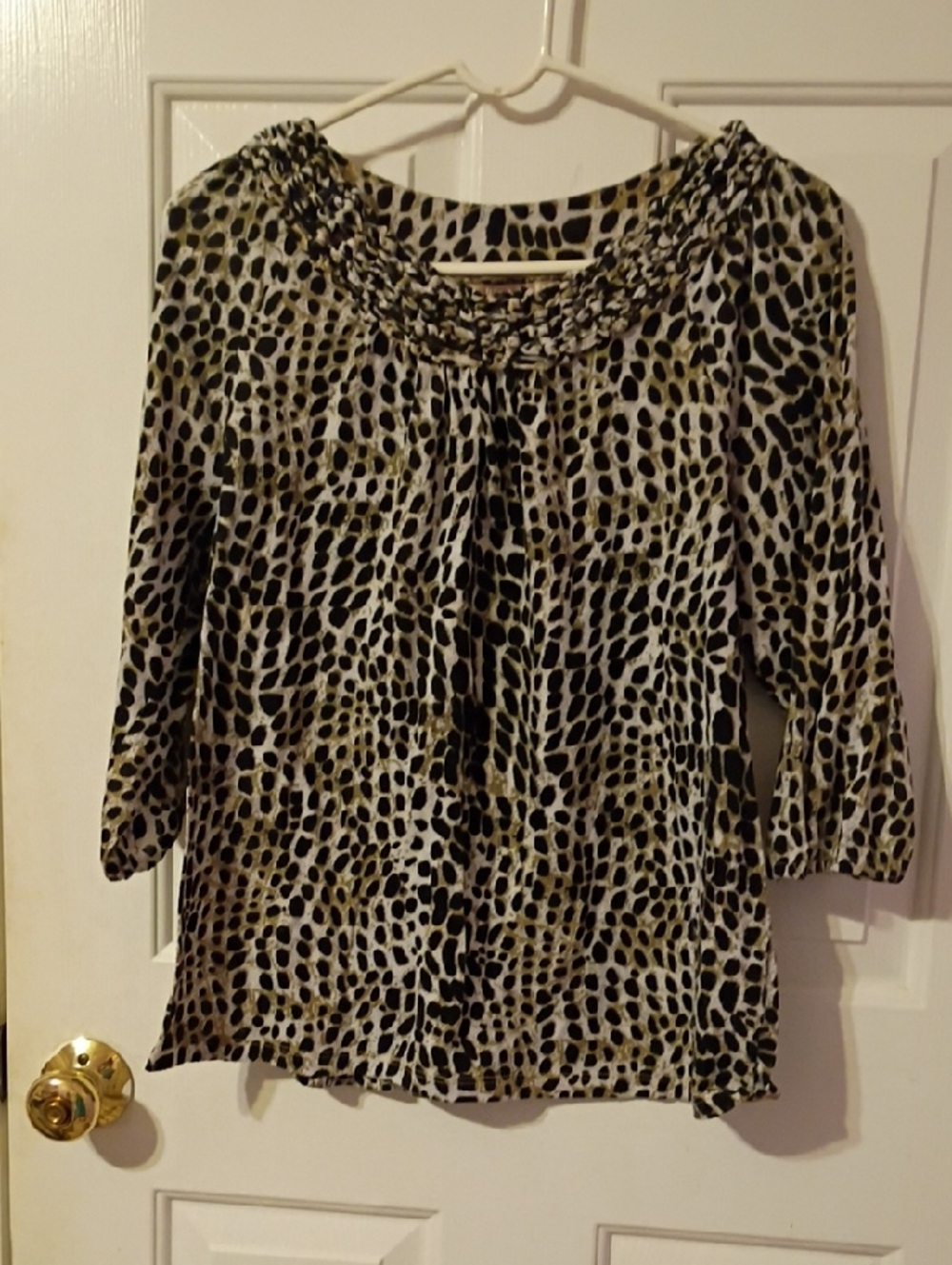 White Stag Black and Tan Printed Peasant Top